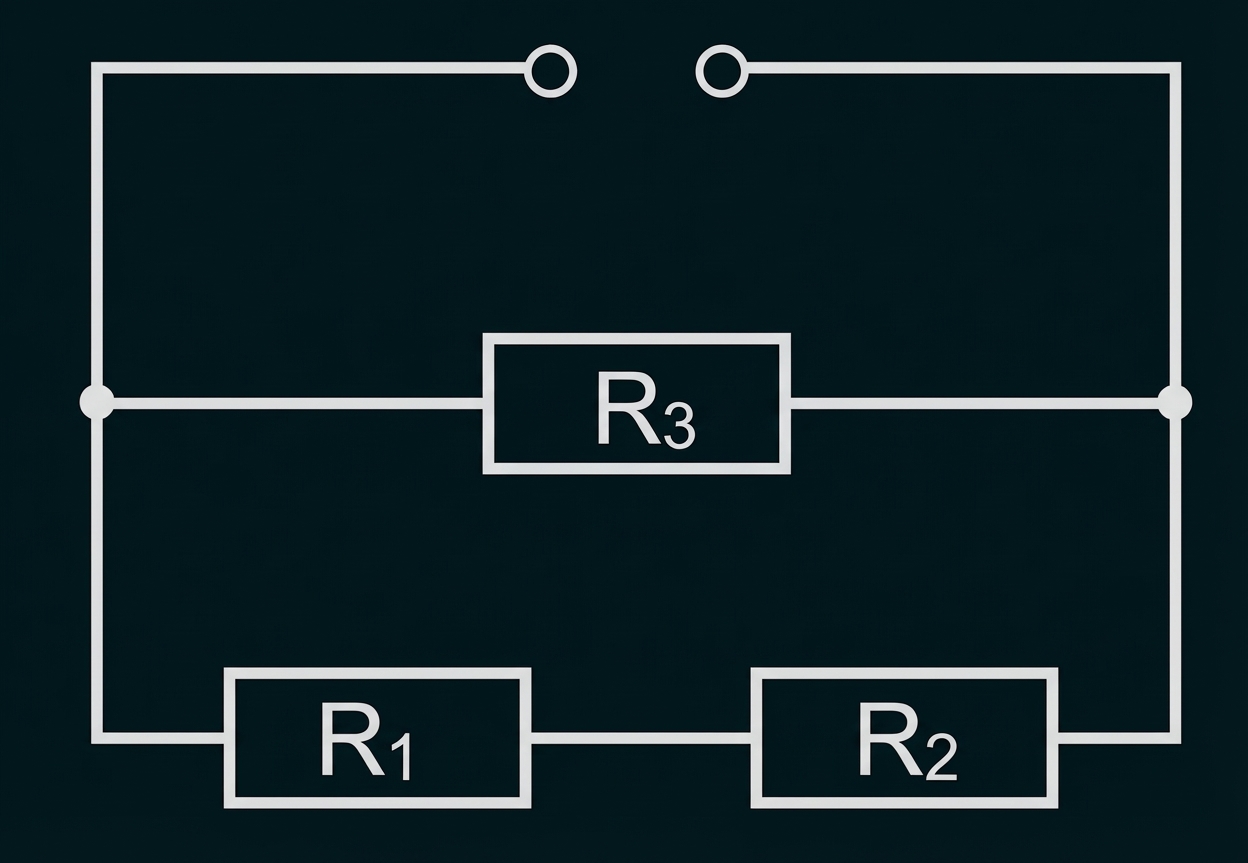 Schaltbild: Widerstand R3 parallel zur Serienschaltung von R1 und R2, zwei Anschlussklemmen oben.